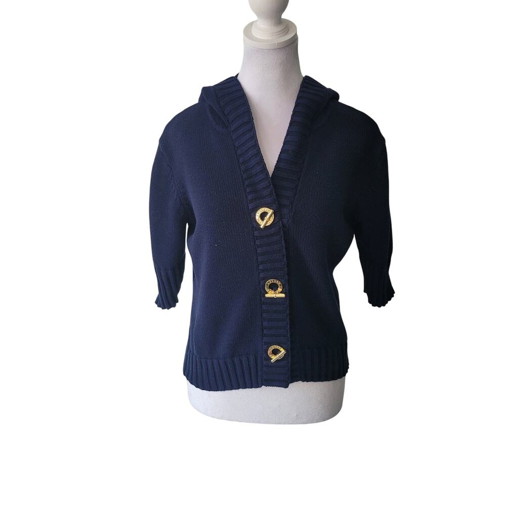 Lauren Ralph Lauren Size S Blue Toggle Button Hooded Knit Short Sleeve Sweater